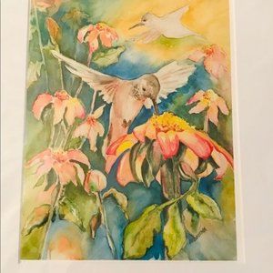 Artist Julie Indovina-Valus Hummingbird & Day Lily Watercolor Art NWT
